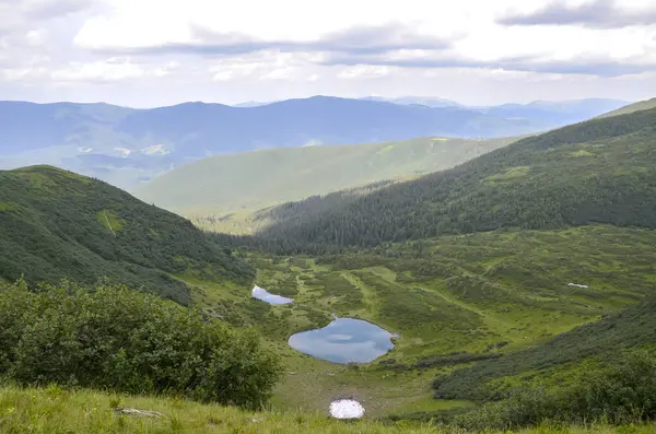Dağ manzarasının huzur verici güzelliği, taze Vorozheska gölü, canlı yeşil manzaraların içine yerleşmiş, huzuru ve doğanın cazibesinin ihtişamını somutlaştırıyor. Karpat Dağları, Ukrayna