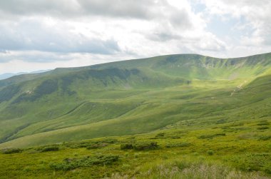 Parçalı bulutlu bir gökyüzünün altında geniş, çimenli dağ yamaçlarının panoramik manzarası. Yuvarlanan tepeler canlı bir yeşildir, manzarada küçük bir patika kıvrılır. Karpat Dağları, Ukrayna