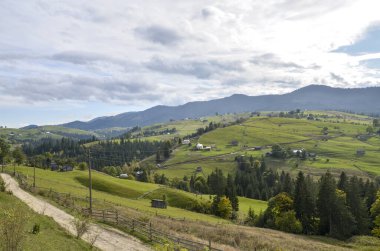 Küçük evler ve çitlerle benekli yuvarlanan yeşil tepelerin pastoral manzarası. Bulutlu bir gökyüzünün altındaki uzak dağlara doğru giden toprak bir yol ön planda esiyor. Karpatlar, Ukrayna