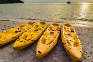 Rayong, Thailand - October, 15, 2022 : Sport boats on the beach by the ocean at the Koh Samet island, Rayong, Thailand