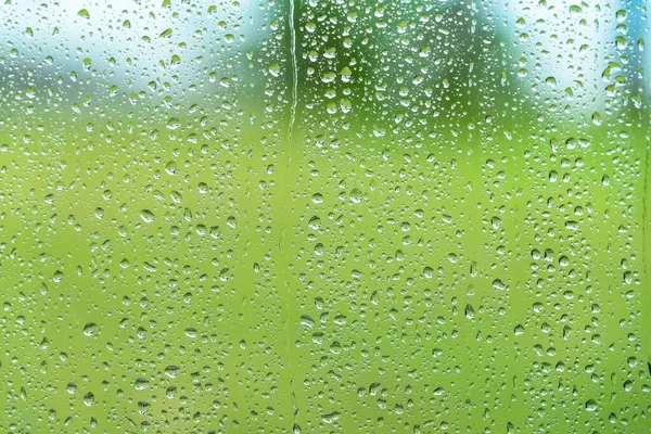 Drops of rain on window with green background.