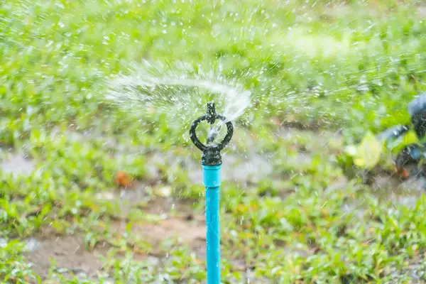 Automatic lawn water sprinkler in urban park. Water saving concept.