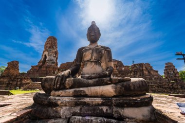 Ayutthaya, Tayland - 17 Eylül 2023: Wat Mahathat, Ayutthaya, Tayland 'da kırılan Buda heykelleri