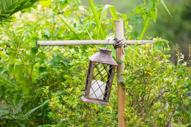 Canlı bir bahçede asılı güzel tasarlanmış bir fener, dış uzaya biraz zarafet katıyor..