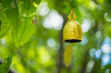 Altın çan bir ağaç dalına asılmış. Karmaşık tasarımı güneş ışığını yansıtıyor. Çan sesi, havayı huzur ve sükunetle dolduruyor..