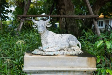 Açık hava boğa heykeli sanatın doğayla buluştuğu bereketli bir bahçede serinletici ve büyüleyici bir ortam yaratıyor..