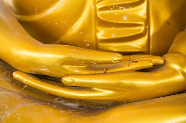 Bu yakın plan görüntü, altın bir Buda heykelinin, huzur ve sükuneti sembolize eden meditasyon jesti ile karışık detaylarını yakalar..