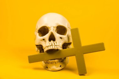 This striking image of a skull adorned with a cross against a vibrant yellow backdrop encapsulates the juxtaposition of mortality and spirituality, making it perfect for artistic projects. clipart