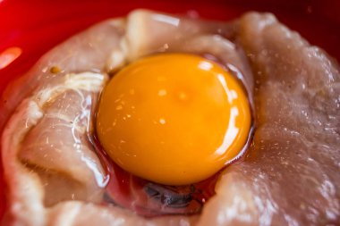 Pişirmek için taze malzemeler, çiğ yumurta sarısı ve tavuk eti..