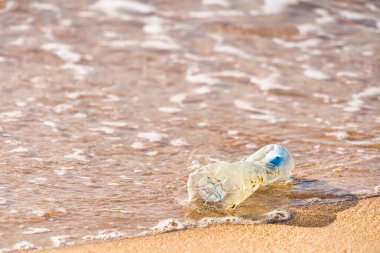 Plastik bir şişe sahili kirletir. Okyanus kirliliğinin devam eden sorununu hatırlatır..