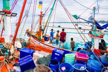 Chonburi, Tayland - 18 Kasım 2024: Tayland 'da Bustling Limanı' na Renkli Balıkçı Tekneleri yanaştı, Geleneksel Denizcilik Kültürü ve Chonburi, Tayland 'da Canlı Sahil Hayatı.