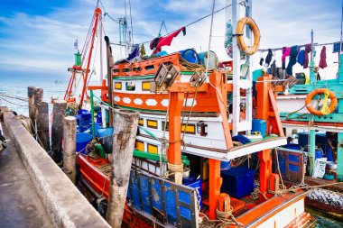 Chonburi, Tayland - 18 Kasım 2024: Tayland 'da Bustling Limanı' na Renkli Balıkçı Tekneleri yanaştı, Geleneksel Denizcilik Kültürü ve Chonburi, Tayland 'da Canlı Sahil Hayatı.