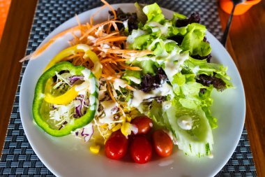 Bu canlı bahçe salatasında taze sebze karışımı var. İçinde marul, dolma biber, vişneli domates ve havuç var..