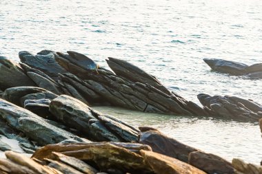 Sarsıntılı kaya oluşumları berrak bir gökyüzünün altında sakin denize doğru uzanır ve sakin bir kıyı manzarası sergiler.