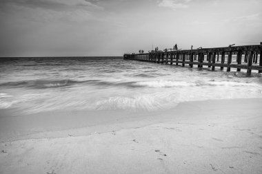 Sükunet plajı sahnesinin siyah ve beyaz fotoğrafı. Yumuşak dalgalar kumlu kıyıya vuruyor ve sakin okyanusa doğru uzanan uzun tahta bir iskele.