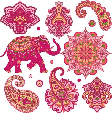 Hint vektör klibi desenli, mandala, Hint fili ile ayarlandı. Renkli Hint süsü. Kızılderili deseni. Sanskritçe. Lotus mandala