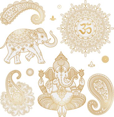 Hint vektör dağılımı Ganesha, şal desenli, mandala, Hint fili ile ayarlandı. Altın Hint süsü. Kızılderili deseni. Sanskritçe. Lotus mandala