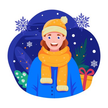 Kış kıyafetleri giymiş bir kadın, düz bir çizim. 