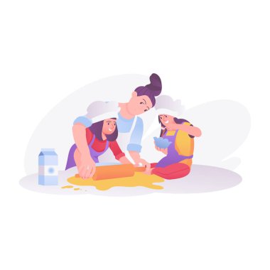 Anne kızlarıyla yemek pişiriyor, düz bir resim çiziyor. 