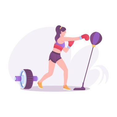 Spor salonunda yumruk egzersizi yapan bir kadın, düz bir çizim. 