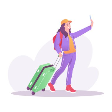 Selfie çeken bir gezgin, düz bir çizim. 