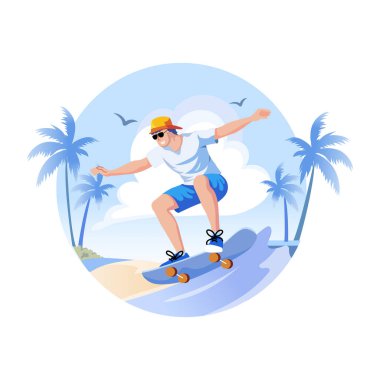 Paten kaymaktan hoşlanan bir adam, düz bir çizim. 