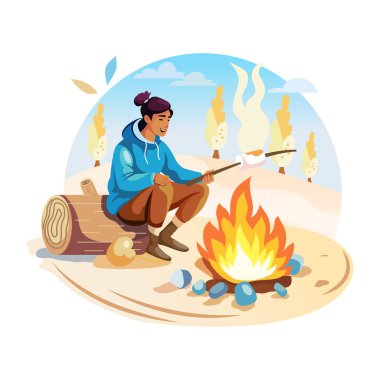 Kamp ateşinde şekerleme kızartan bir adam, düz bir çizim. 