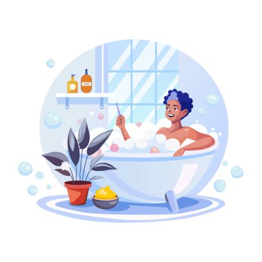 Küvette banyo yapan bir adam, düz bir çizim. 