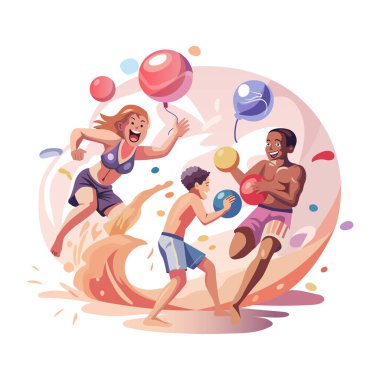 Plaj eğlencesi yapan bir aile, düz bir çizim. 