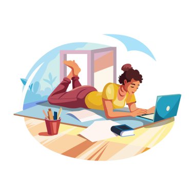 Dizüstü bilgisayarda gezinen bir kadın, düz bir çizim. 