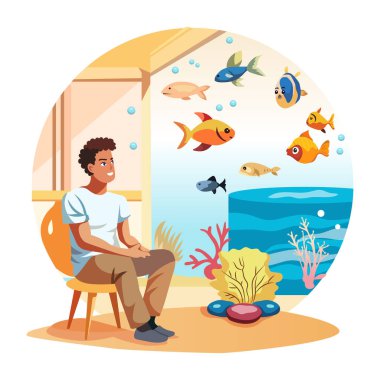 Balık akvaryumunu izleyen bir adam, düz bir resim. 