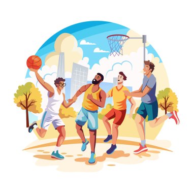 Basketbol oynayan erkekler, düz bir resim. 