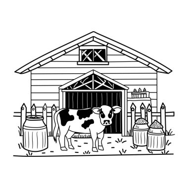 Dışarıda bir ineğin durduğu sığır ahırının el çizimi.