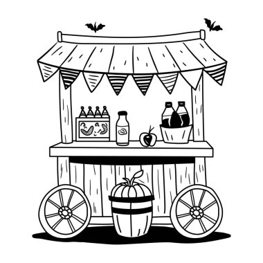 Ahşap bir araba, içkiler ve şenlikli bir atmosferin yer aldığı klasik bir içki tezgahının el çizimi.