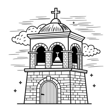 Üstünde haç olan çan kulesinin el çizimi.