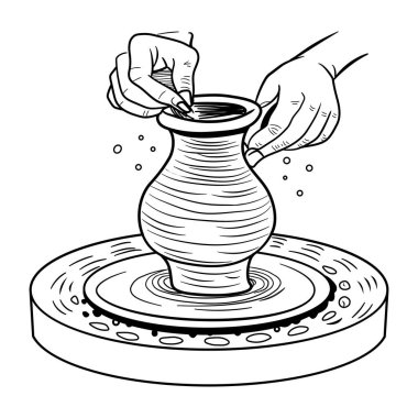 Çömlek çarkında çömlek şekillendiren bir çömlekçinin el çizimi