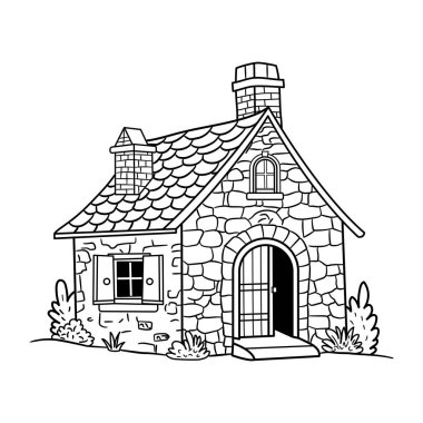 Sazlı çatısı ve bacası olan taştan bir kulübenin el çizimi.