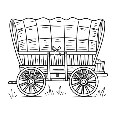 Ahşap tekerlekleri olan el çizimi bir araba. 