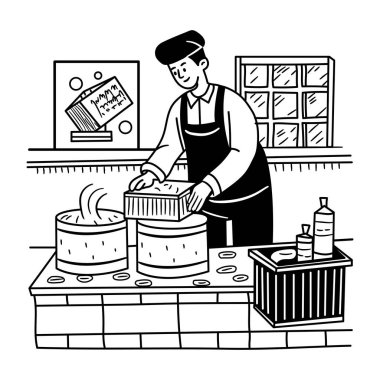 Sabun imalatçısında çalışan bir sabun yapımcısının el çizimi.