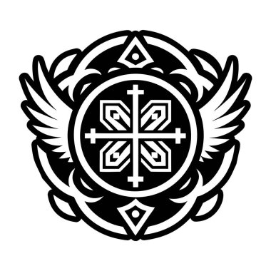 Beyaz arkaplanda izole edilmiş haçlı siyah beyaz dövme stili çizimi