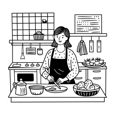 Kadın yemek yapıyor, vektör çizimi.