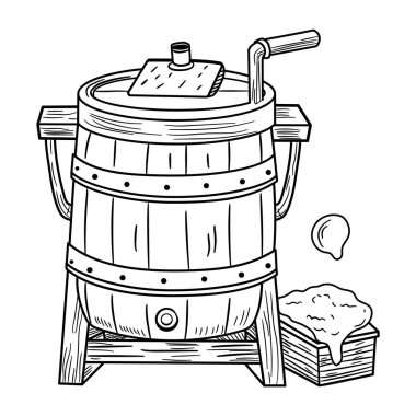 Serbest çizim siyah beyaz çizgi film ahşap fıçı