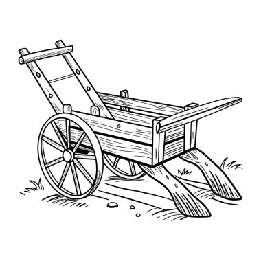 Beyaz arka planda çizgi film ahşap arabası. El yazması çizim.