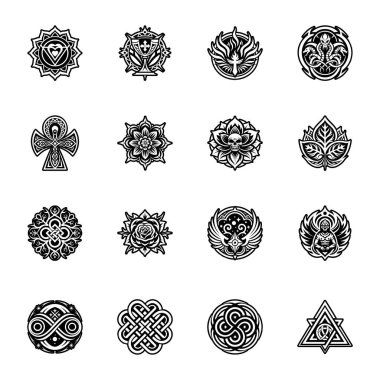 Kelt düğümü ve süslemeleri olan siyah ve beyaz simgeler.