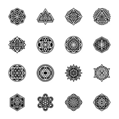 Beyaz arkaplanda izole edilmiş siyah yuvarlak vektör geometrik elementlerin koleksiyonu