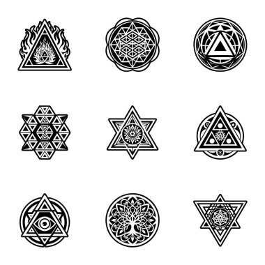 Kutsal sembollerin vektör kümesi. Siyah çizgi sanat sembolleri. Kutsal geometri. vektör