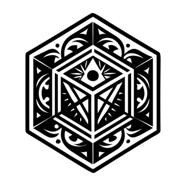 Beyaz izole arkaplanda siyah çizgiler olan üçgen şeklinde bir vektör mandala süsü.