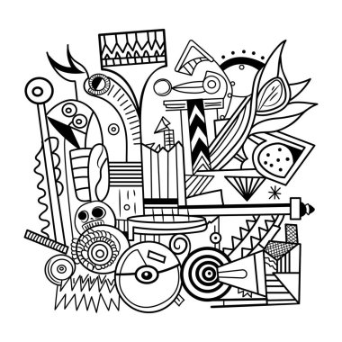 El çizimi soyut karikatür karalama vektör çizimi beyaz arkaplanda birçok nesne ve nesne ile