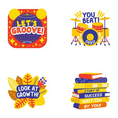 Çocuklar için renkli çıkartmalar seti. şirin çizgi film vektör çizimi.