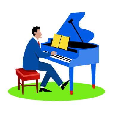 Parktaki piyano. Beyaz arkaplanda izole edilmiş vektör çizgi film düz illüstrasyon.